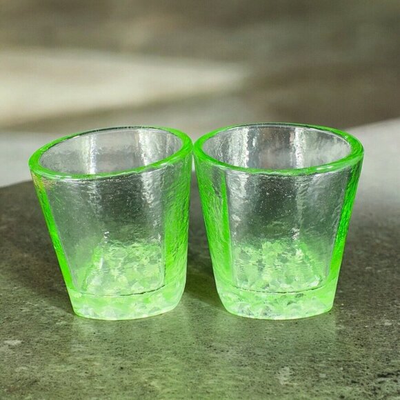 Fire & Light Green Recycled Glass Tumbler On the Rocks Square Signed Set 2 - Picture 3 of 16